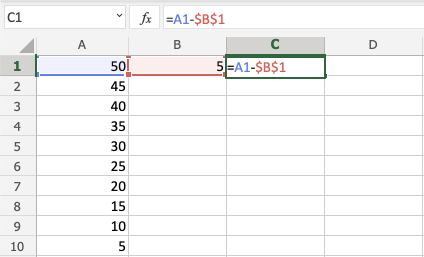 Excel减法运算符