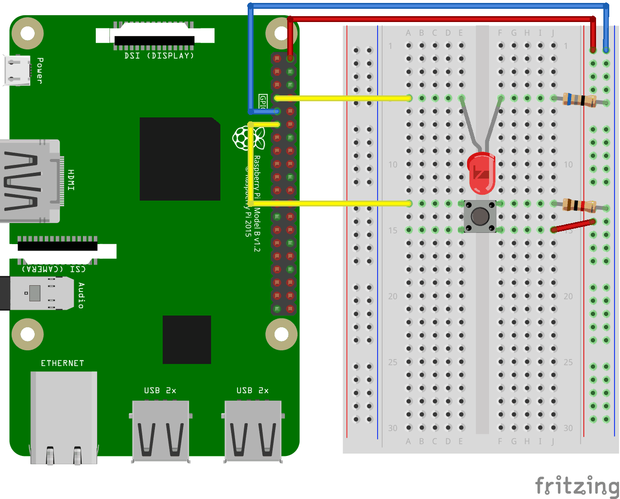 树莓派(Raspberry Pi) 3 with Breadboard. LED and Button circuit